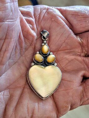 Vintage 925 Sterling Mother of Pearl 1 ½” Heart Pendant
